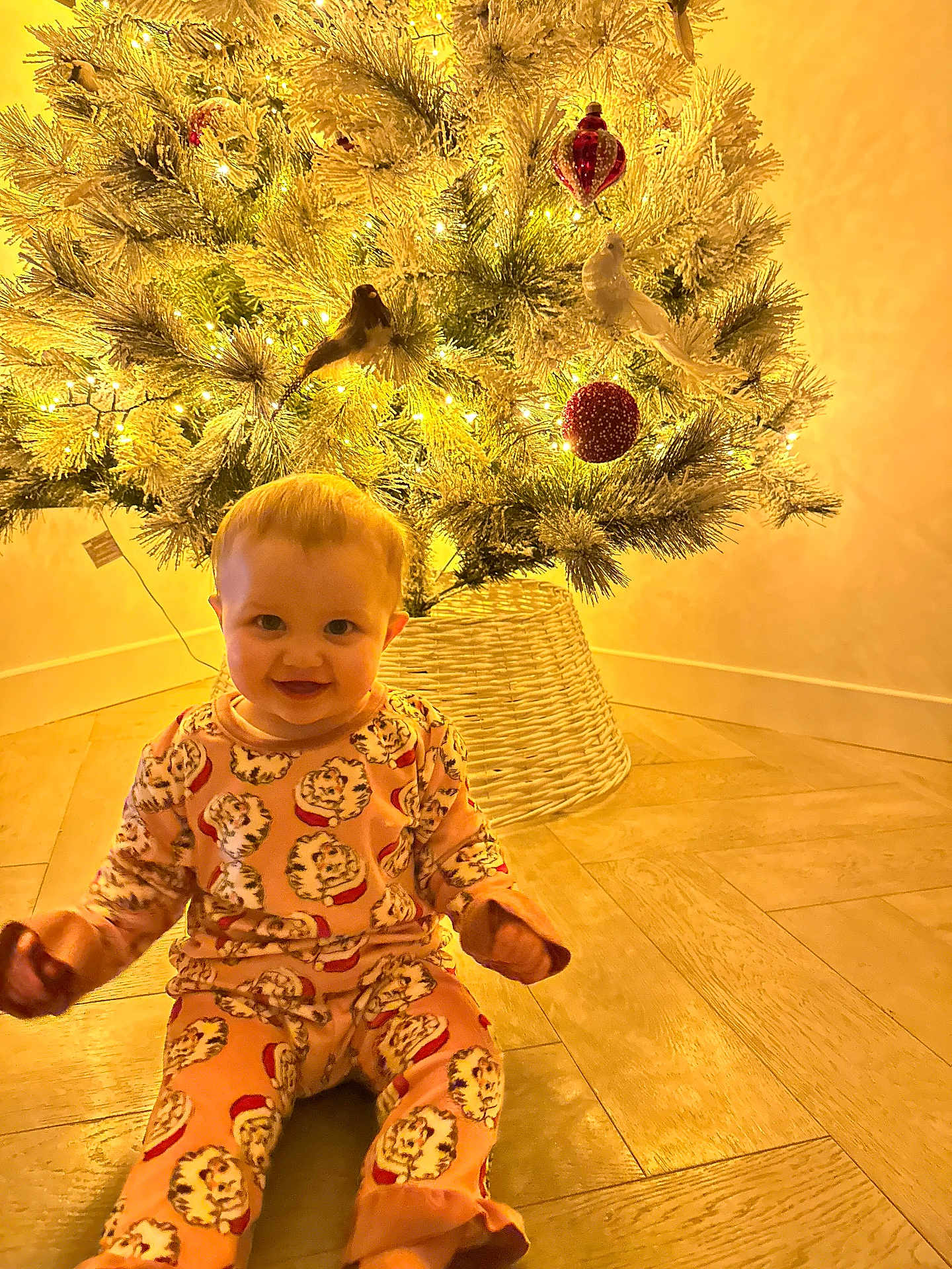 Vaiva is registered to the contest to win money with this photo: baby, celebration, child, christmas_tree, cute, decorations, festive, floor, happy, holiday, home, indoors, lights, ornaments, pajamas, seasonal, sitting, smiling, winter, wooden_floor