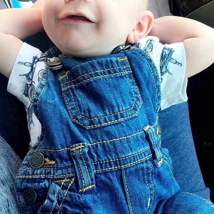 Loghan is registered to the contest to win money with this photo: baby, blue, cheek, child, cool, denim, jeans, overall, person, skin, smile, textile, toddler