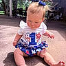 baby, child, infant, sitting, outdoor, concrete, hair_bow, ponytails, white_shirt, colorful_skirt, number_1, stars, cute, sunlight, shadow, curious, chubby, legs, feet, portrait