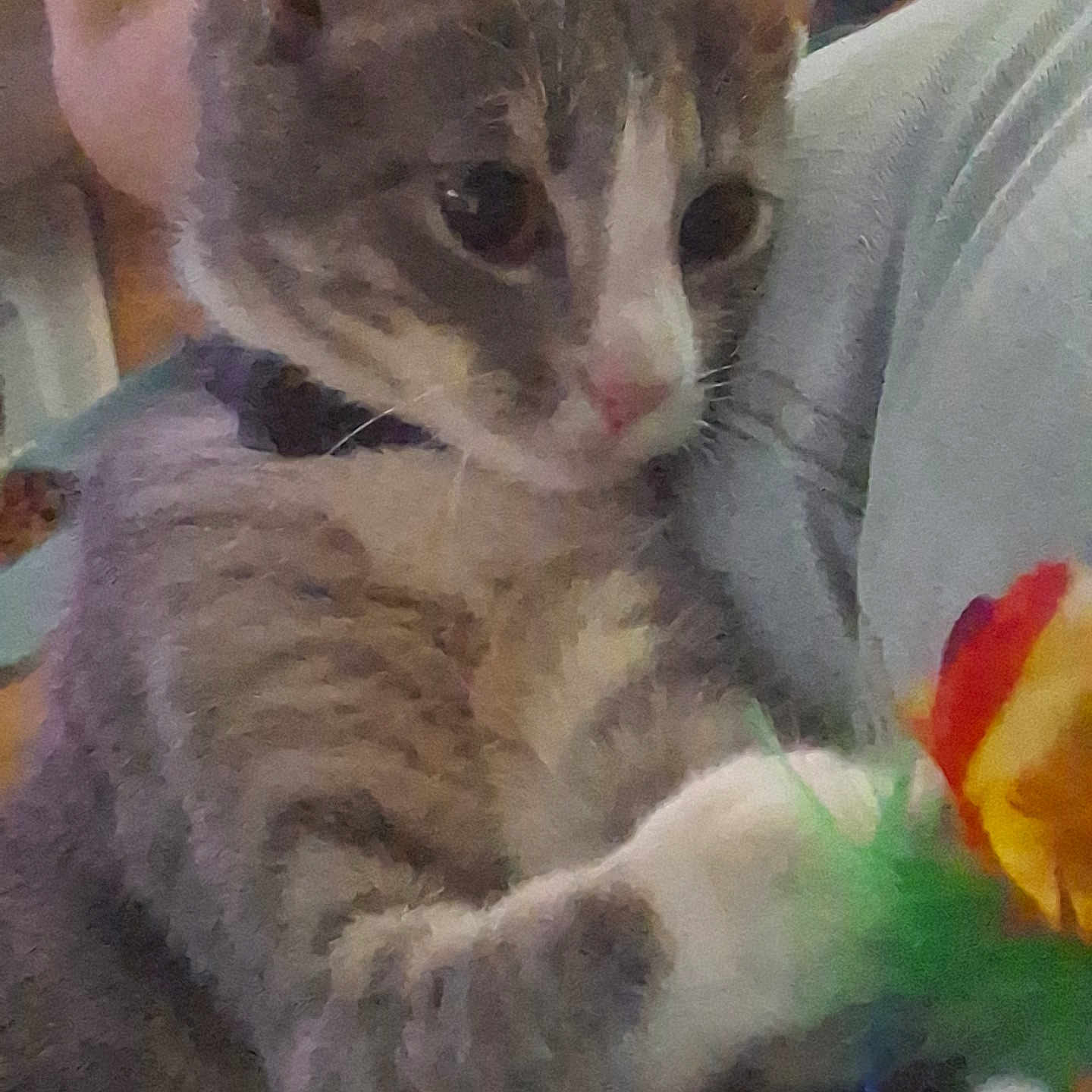 Tallia is registered to the contest to win money with this photo: animal, cat, close_up, curious, domestic_cat, ears, feather, feline, foot, fur, indoor, nose, paws, person, pet, playing, sitting, tabby_cat, toy, whiskers