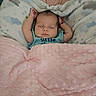 Adalyn joined the competition — help win amazing prizes! arms_raised, baby, baby_clothing, bedding, blanket, blue, closed_eyes, cozy, crib, indoors, infant, newborn, nursery, peaceful, photography, pink, portrait, sleeping, soft_toys, text_on_clothing