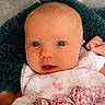 Ophelia-Rose is registered to the contest to win money with this photo: baby, blanket, bunny_pattern, child, closeup, clothing, cute, expression, eyes, face, floral, hand, head, indoors, infant, newborn, pink_dress, portrait, skin, soft_texture