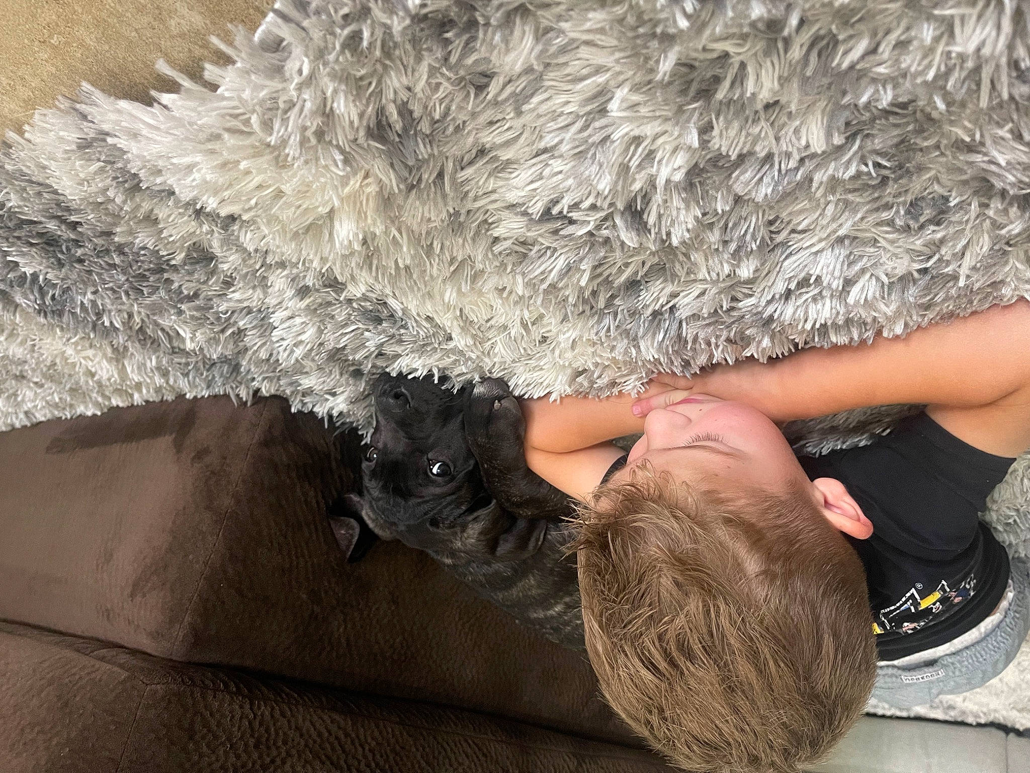 Gunner is registered to the contest to win money with this photo: barefoot, comfort, dog, flooring, foot, fur, fur_clothing, grass, hay, human_leg, natural_material, person, rock, tail, tree, wood, wool