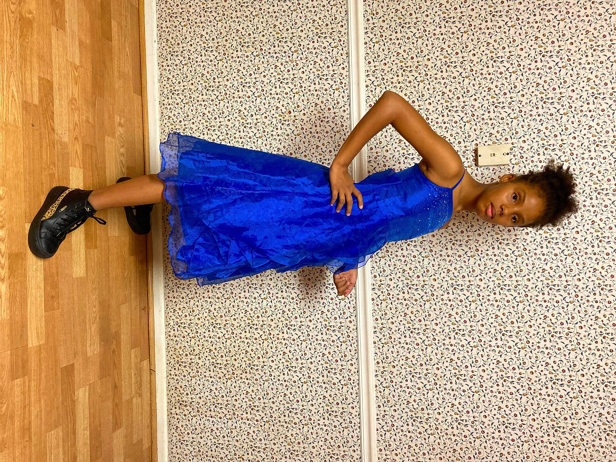 Malia is registered to the contest to win money with this photo: azure, denim, dress, electric_blue, face, fashion_design, floor, flooring, human_body, human_leg, joint, knee, leg, leisure, person, shoe, shoulder, thigh, trunk, waist