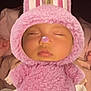 baby, sleeping, pink, bunny_costume, plush, cute, face, nose_sticker, soft, child, costume, toy, adorable, infant, hands, clothing, sleep, childhood, rest, cozy