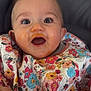 baby, baby_food, baby_seat, bib, big_eyes, cheeks, chicco_logo, closeup, clothing, floral_pattern, food_on_face, food_stains, happy, highchair, infant, messy, open_mouth, portrait, seat, smiling