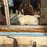 appliance, black_markings, cat, countertop, dirty_window, faucet, glass, hand, household, indoor, kitchen, mirror, person, pet, phone, reflection, relaxing, sink, white_cat, window