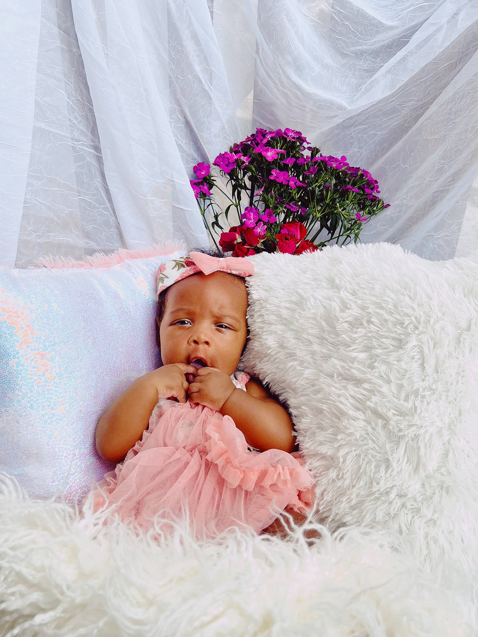 Beau joined the competition — help win amazing prizes! baby, baby_toddler_clothing, bridal_accessory, bridal_clothing, dress, eye, gown, happy, head, headgear, headpiece, linens, magenta, person, petal, picture_frame, pink, textile, toddler, wedding_ceremony_supply