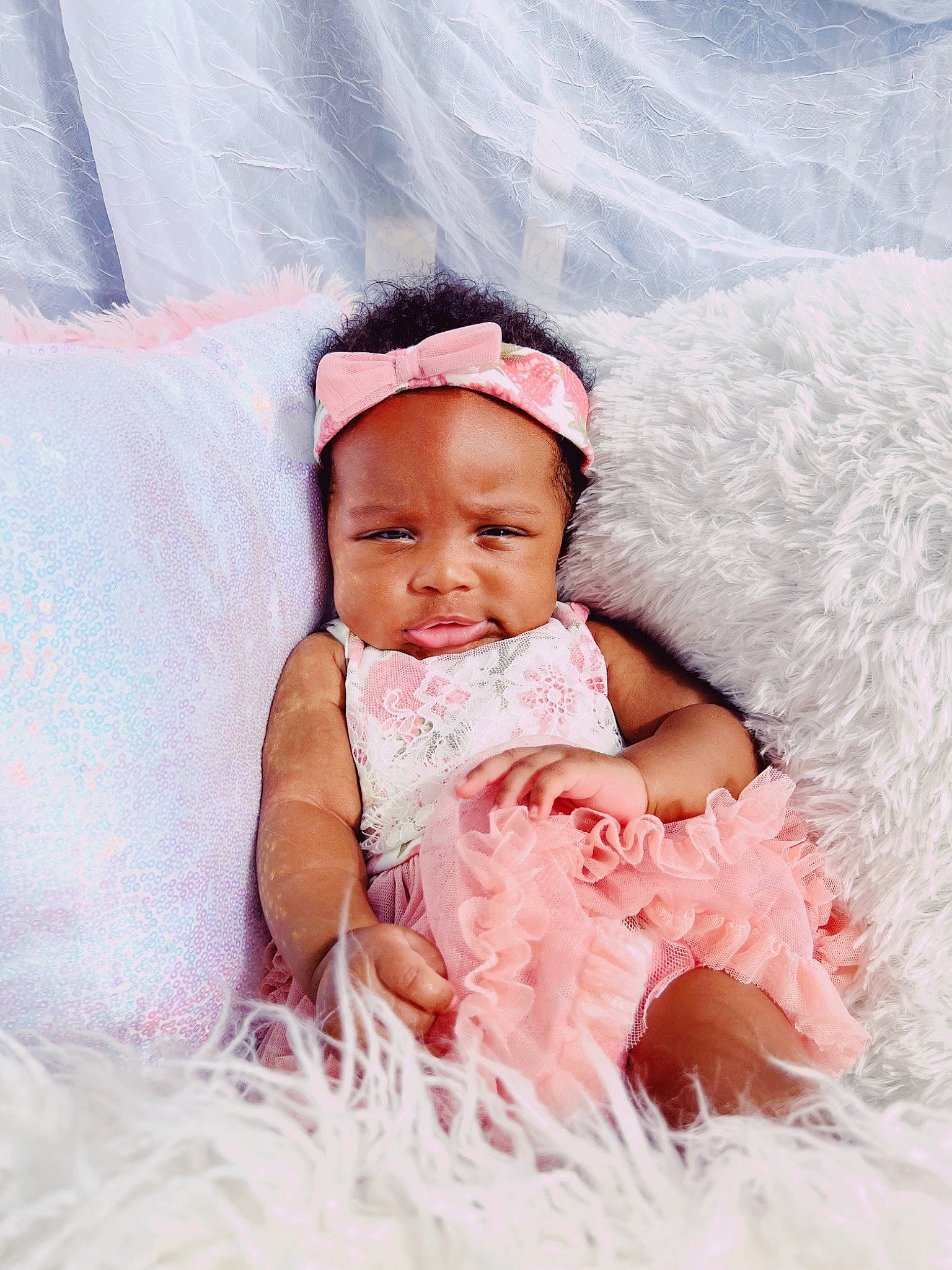 Beau joined the competition — help win amazing prizes! baby, baby_toddler_clothing, child, comfort, dress, event, fashion_accessory, fun, grass, happy, headpiece, linens, magenta, pattern, peach, person, pink, sitting, smile, sweetness