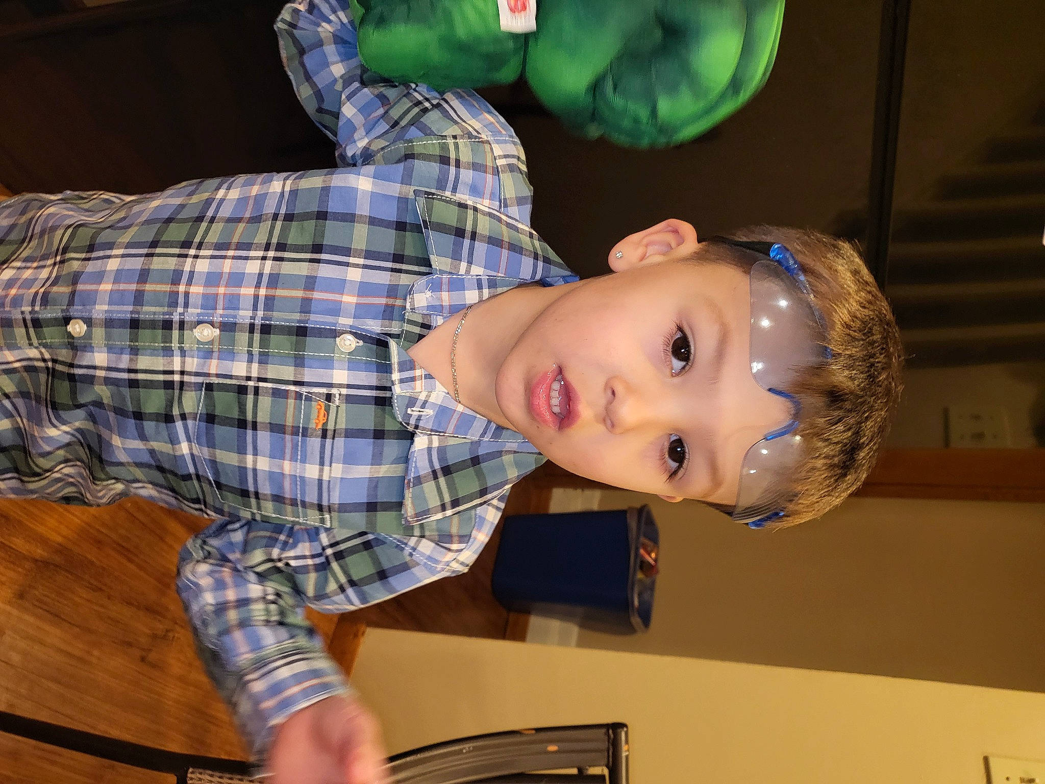 Tristian joined the competition — help win amazing prizes! child, dress_shirt, fun, organ, pattern, person, plaid, room, sitting, sleeve, tartan, toddler, wood