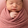 newborn, baby, sleeping, portrait, headband, flowers, swaddled, blanket, pink, infant, face, closed_eyes, hand, indoors, studio, cozy, peaceful, cute, photography, burrito