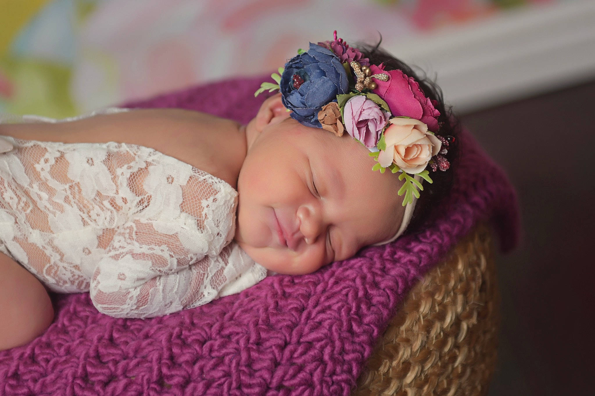 Emersyn is registered to the contest to win money with this photo: arm, baby, baby_toddler_clothing, cheek, comfort, eye, eyelash, face, hair_accessory, happy, head, headband, headgear, headpiece, headwear, pattern, person, pink, purple, skin