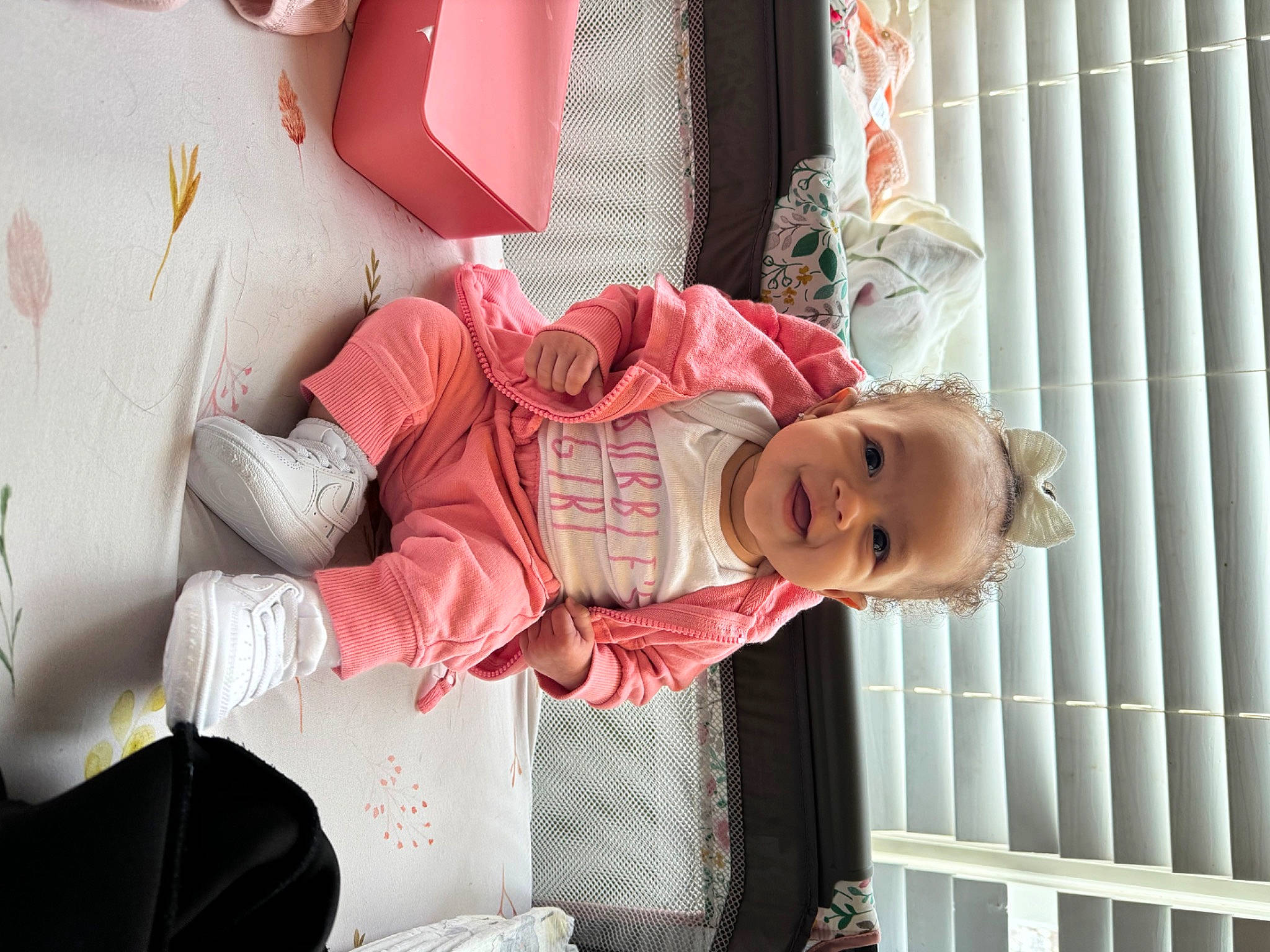 Emersyn joined the competition — help win amazing prizes! baby, baby_products, baby_safety, baby_toddler_clothing, carmine, cheek, child, comfort, fun, happy, magenta, person, pink, room, sitting, skin, smile, textile, toddler, tree