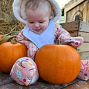 Harley Rose is registered to the contest to win money with this photo: baby, child, pumpkin, autumn, hay, wooden_crate, outdoor, baby_clothing, hood, smile, cute, fall, seasonal, orange, face, sitting, nature, festive, wood, cozy