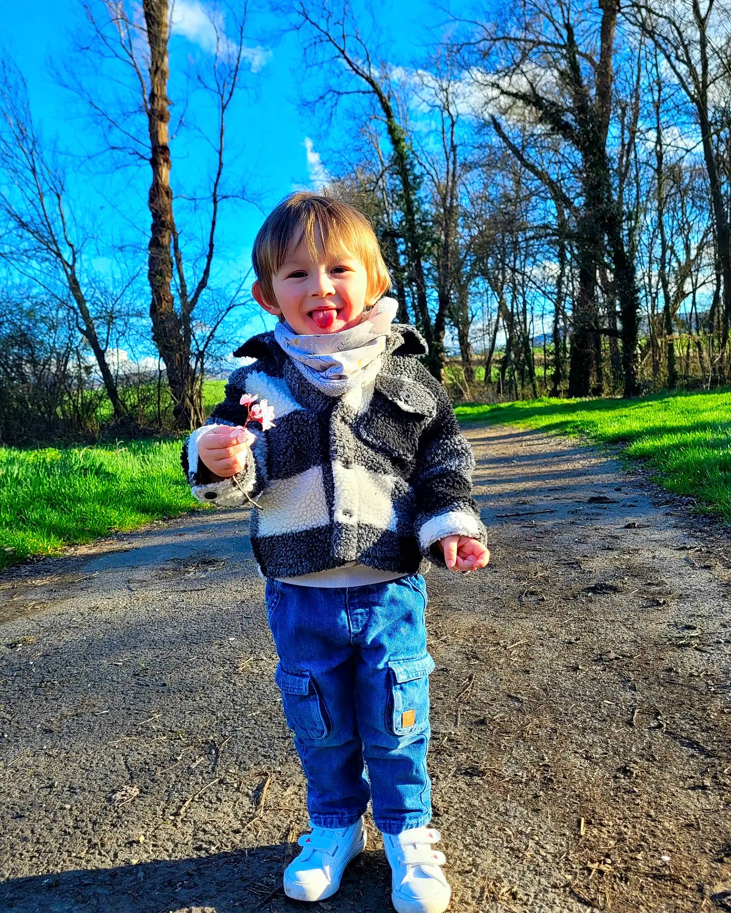 Bao participe au concours pour gagner de l'argent avec cette photo : asphalt, electric_blue, forest, fun, grass, happy, landscape, leaf, leisure, people_in_nature, person, plant, recreation, sitting, sky, sneakers, soil, toddler, tree, walking