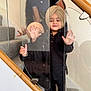 child, children, reflection, glass, staircase, turban, smile, family, indoor, person, footwear, black_clothing, hand, barefoot, wooden_railing, carpet, happy, posing, cute, playing