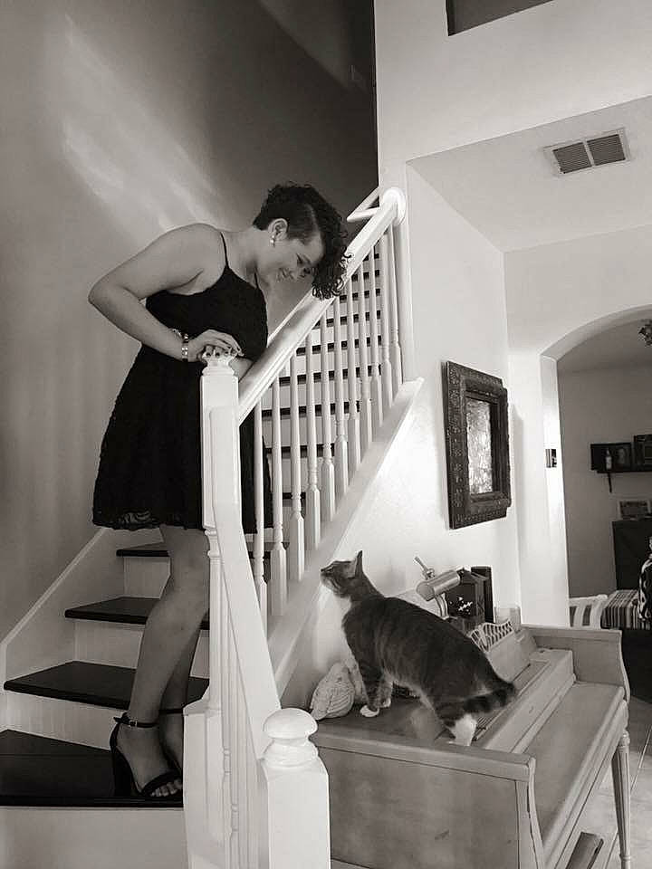 Mellow is registered to the contest to win money with this photo: baluster, black, black_and_white, carnivore, cat, felidae, handrail, home, house, monochrome, monochrome_photography, photography, room, small_to_medium_sized_cats, snapshot, stairs, stock_photography, style, white