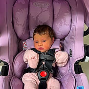 Evelynn joined the competition — help win amazing prizes! baby, infant, child, car_seat, safety_harness, pink, purple, striped_clothing, socks, seated, portrait, indoor, vehicle, secure, harness, floral_pattern, red_buckle, cozy, baby_carrier, photography