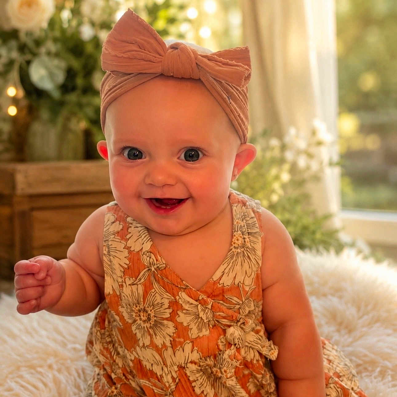 Willow is registered to the contest to win money with this photo: baby, child, smiling, headband, bow, dress, floral_pattern, sitting, indoors, soft_light, rug, cute, happy, portrait, infant, person, flower, decor, window, warm_tones