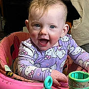 Willow joined the competition — help win amazing prizes! baby, child, infant, walker, toy, pink, purple, hello_kitty, clothing, smiling, happy, face, blue_eyes, hair, indoor, person, play, cute, toddler, seat