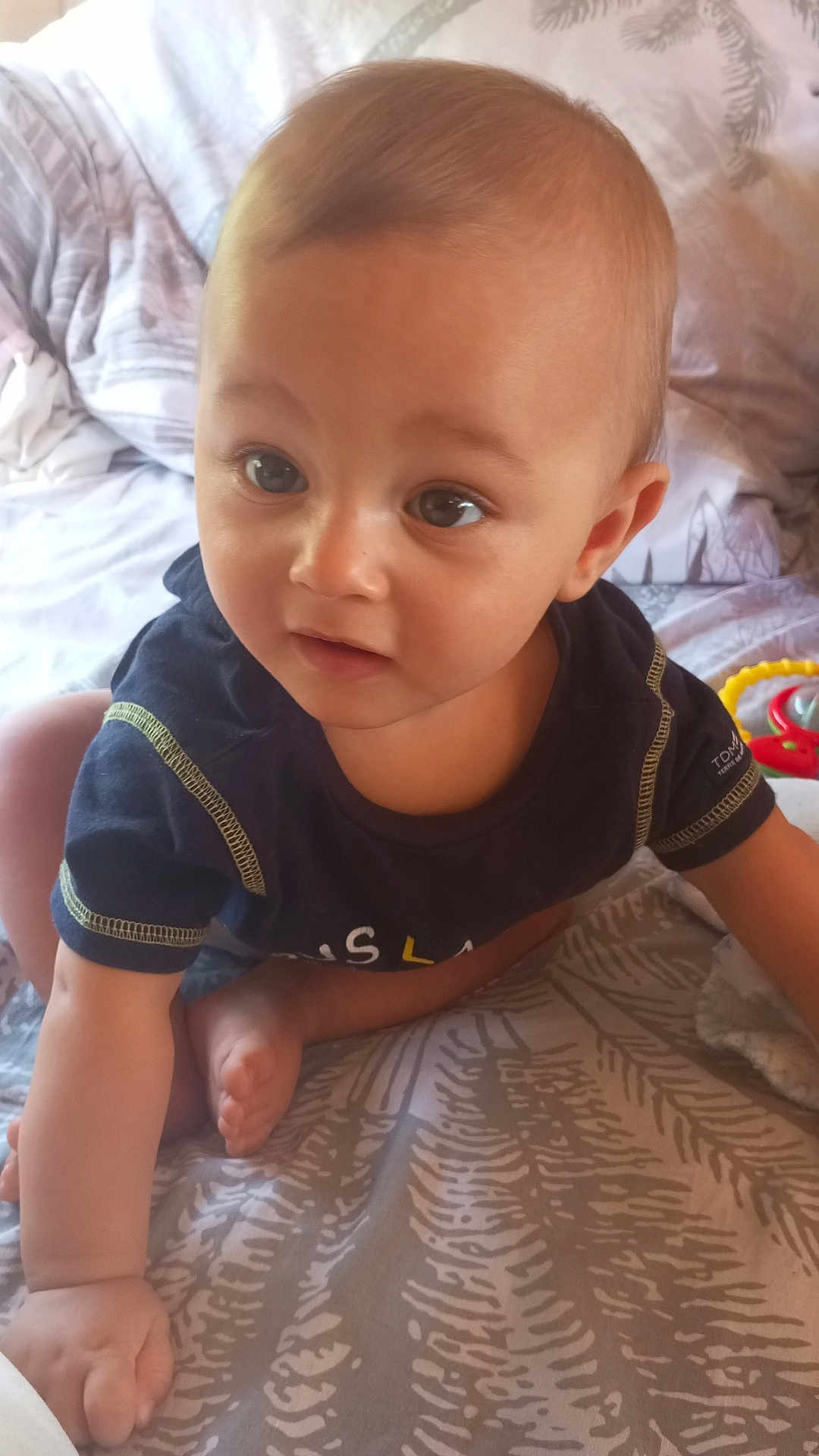 Hayden participe au concours pour gagner de l'argent avec cette photo : baby, child, infant, crawling, bed, bedding, pattern, blue_shirt, skin, face, eyes, hand, foot, indoors, cute, young, person, exploring, expression, soft_light