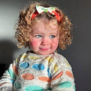 Kyara participe au concours pour gagner de l'argent avec cette photo : blue_eyes, bow, child, closeup, colorful, curly_hair, cute, fashion, happy, headband, indoor, knitwear, person, polka_dots, portrait, smile, soft_light, sweater, toddler, young_child