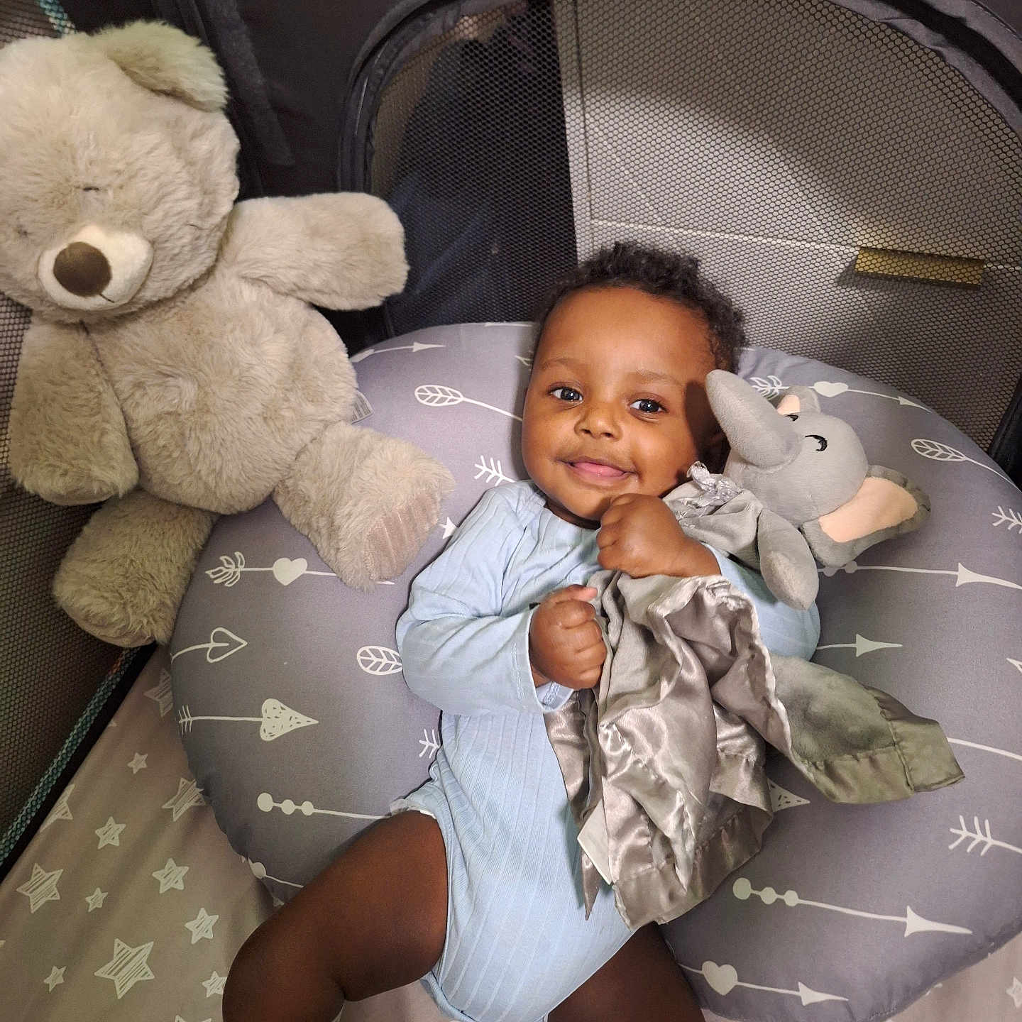 Sohan joined the competition — help win amazing prizes! baby, baby_boy, baby_clothing, baby_girl, bedding, child, cozy, cute, elephant_toy, happy, indoor, infant, person, pillow, plush_toy, resting, sleeping_area, smiling, stars_pattern, teddy_bear