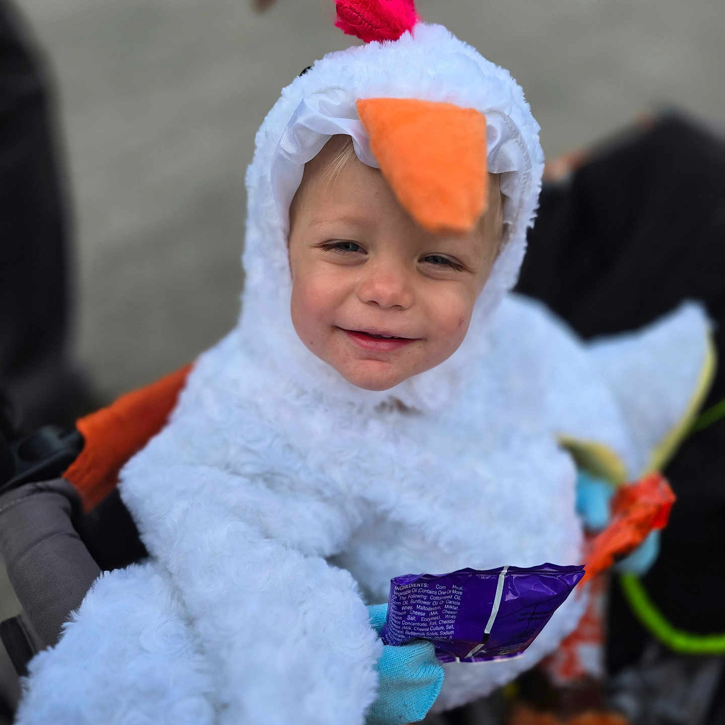 Renleigh is registered to the contest to win money with this photo: baby, blurry_background, chicken, child, costume, cute, fun, gloves, happy, holiday, orange_beak, outdoor, playful, portrait, purple_bag, sitting, smiling, snack, toddler, white_fur