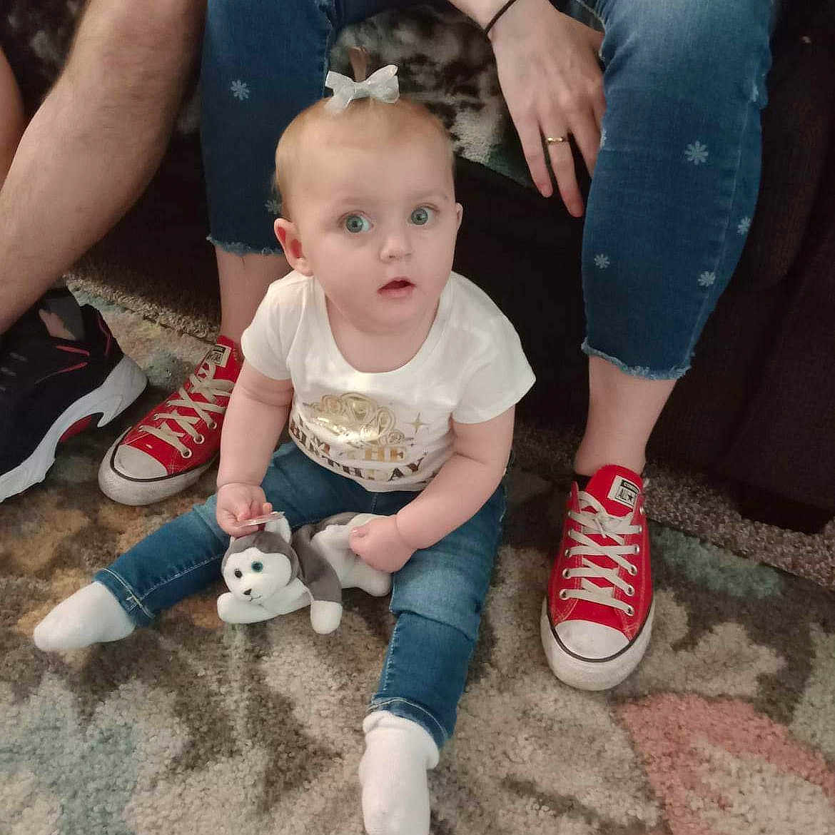 Sophia joined the competition — help win amazing prizes! baby, clothing, couch, face, footwear, furniture, head, hosiery, jeans, pants, people, person, photography, portrait, runningshoe, shoe, sitting, sneaker, sock, t_shirt