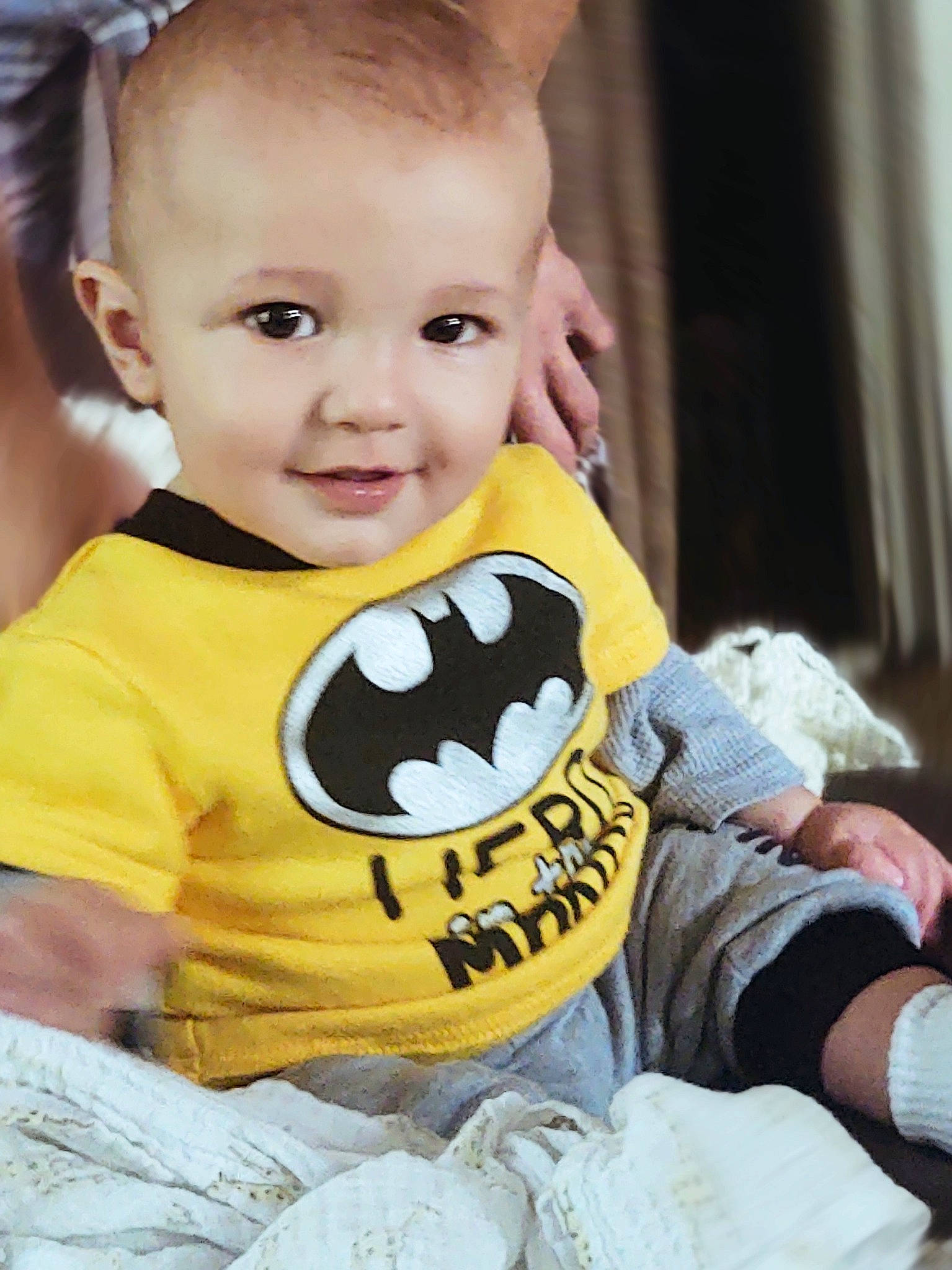 Lincoln Nicholas is registered to the contest to win money with this photo: arm, baby, baby_toddler_clothing, cheek, child, cool, eye, facial_expression, finger, fun, hairstyle, happy, head, mouth, person, product, skin, sleeve, smile, t_shirt