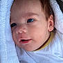 baby, blue_eyes, child, close_up, cute, ear, expression, face, head, infant, mouth, newborn, portrait, skin, soft, towel, warm, white_clothing, wrapped, young
