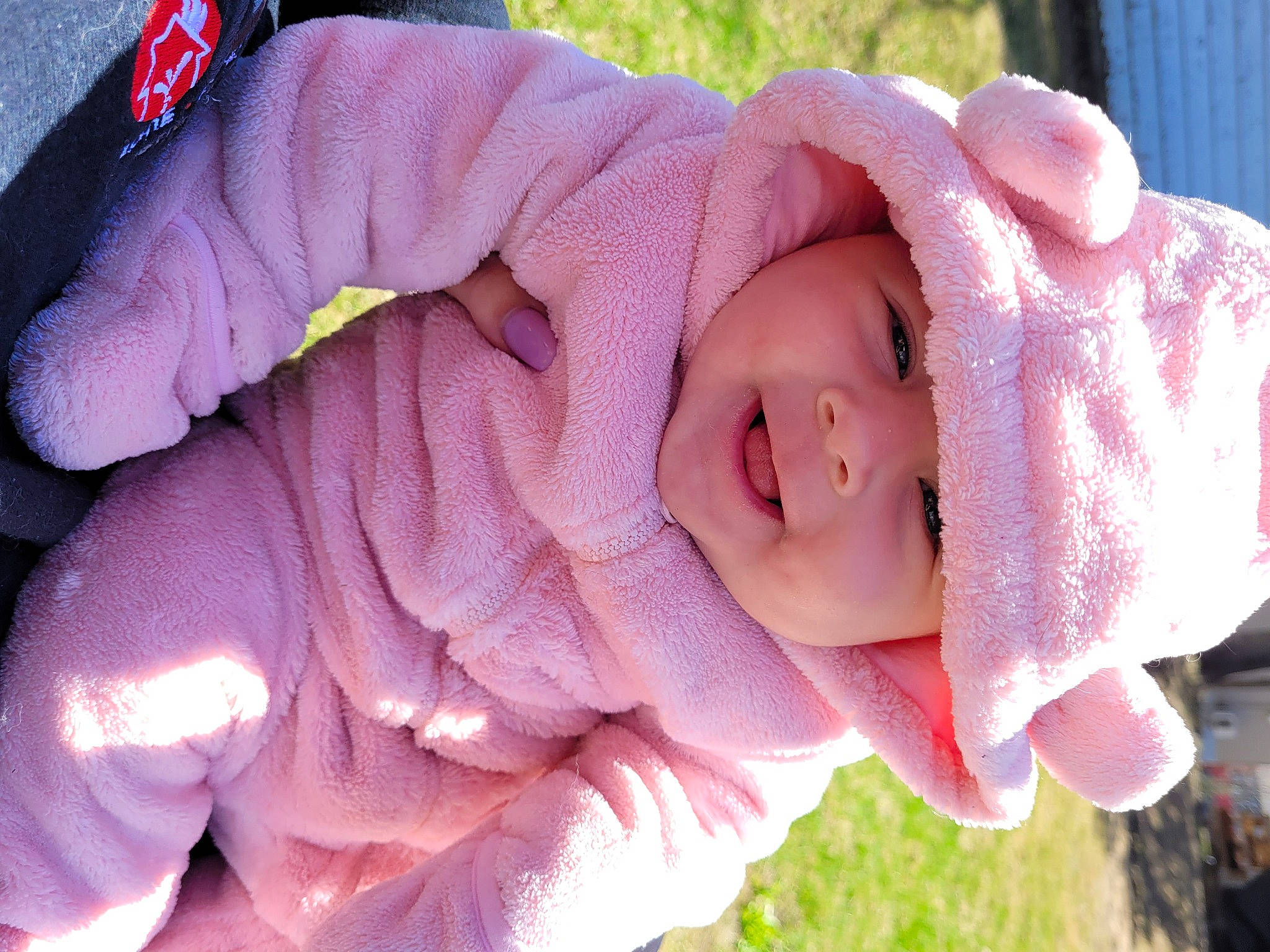 éléah Beaudoin participe au concours pour gagner de l'argent avec cette photo : baby, baby_toddler_clothing, cheek, eye, facial_expression, finger, grass, happy, head, headwear, human_body, lip, nose, person, pink, plant, purple, skin, smile, textile