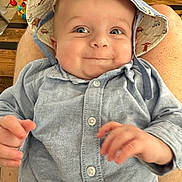 Milan participe au concours pour gagner de l'argent avec cette photo : baby, child, smiling, hat, blue_shirt, person, indoor, toy, wooden_table, lap, happy, cute, face, eyes, skin, hand, button, clothing, infant, expression