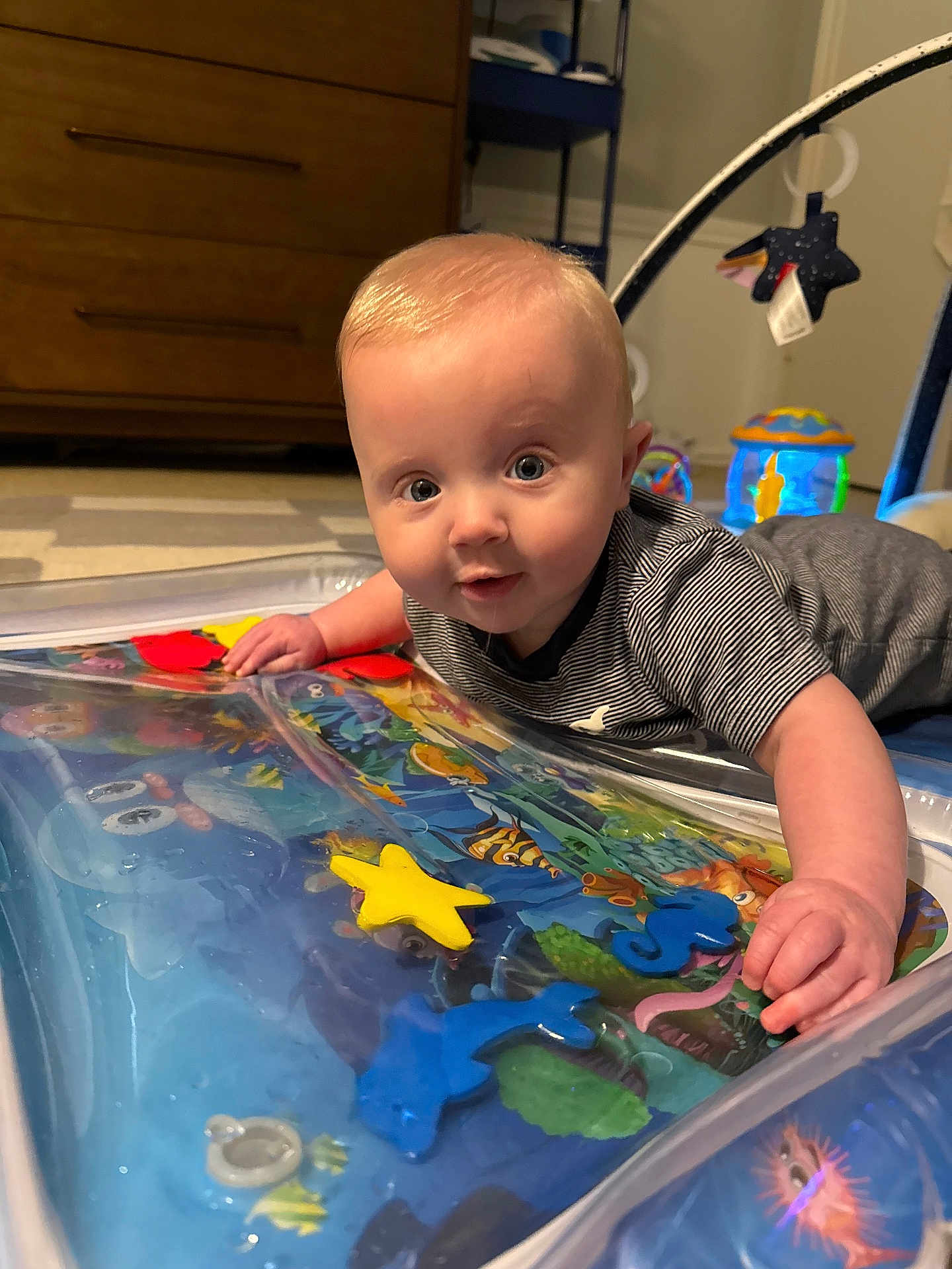 Ledger is registered to the contest to win money with this photo: baby, child, infant, water_mat, toys, blue_eyes, striped_shirt, floor, playtime, indoor, wooden_dresser, colorful, sea_creatures, hand, curious, tummy_time, room, carpet, bright, young
