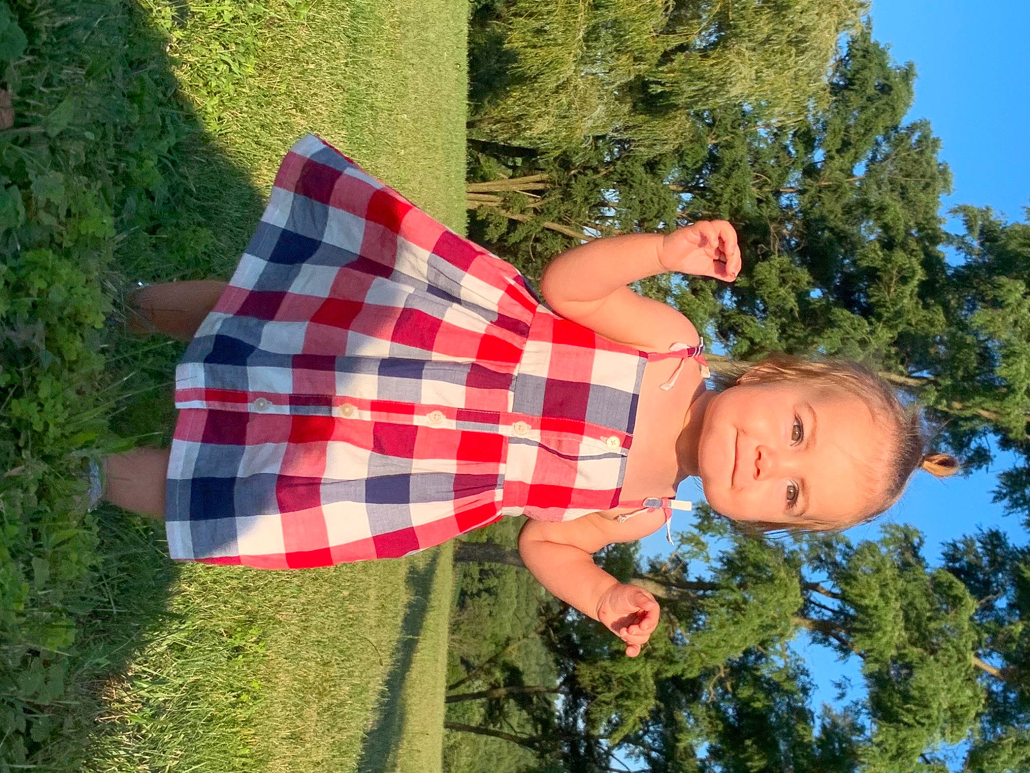 Amelia is registered to the contest to win money with this photo: arm, electric_blue, fashion_accessory, flag, flag_of_the_united_states, fun, grass, happy, leaf, magenta, pattern, people_in_nature, person, plaid, sky, street_fashion, summer, sunlight, tartan, toddler