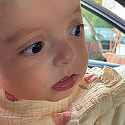 Júlia participe au concours pour gagner de l'argent avec cette photo : baby, close_up, face, child, curious, clothing, floral_pattern, soft_texture, indoors, car_window, portrait, young, cute, skin, eyelashes, nostrils, lips, head, infant, natural_light