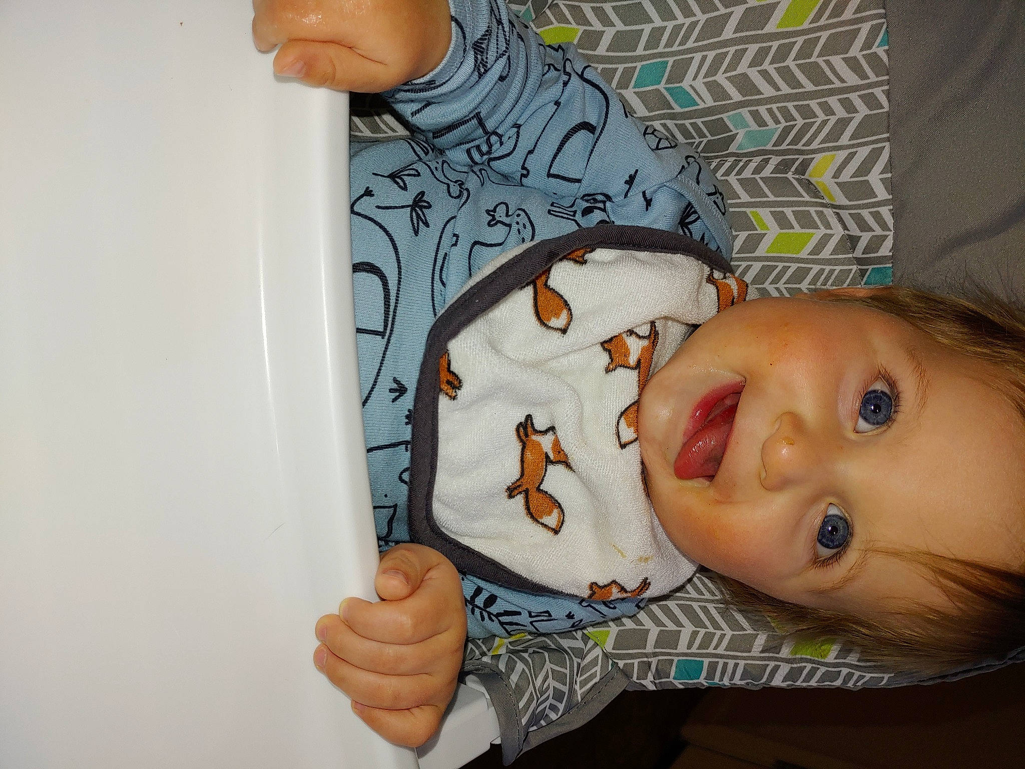 Easton is registered to the contest to win money with this photo: baby, baby_toddler_clothing, cheek, chin, eyelash, finger, gesture, hand, happy, human_body, iris, lip, mouth, nose, person, skin, sleeve, textile, thumb, toddler