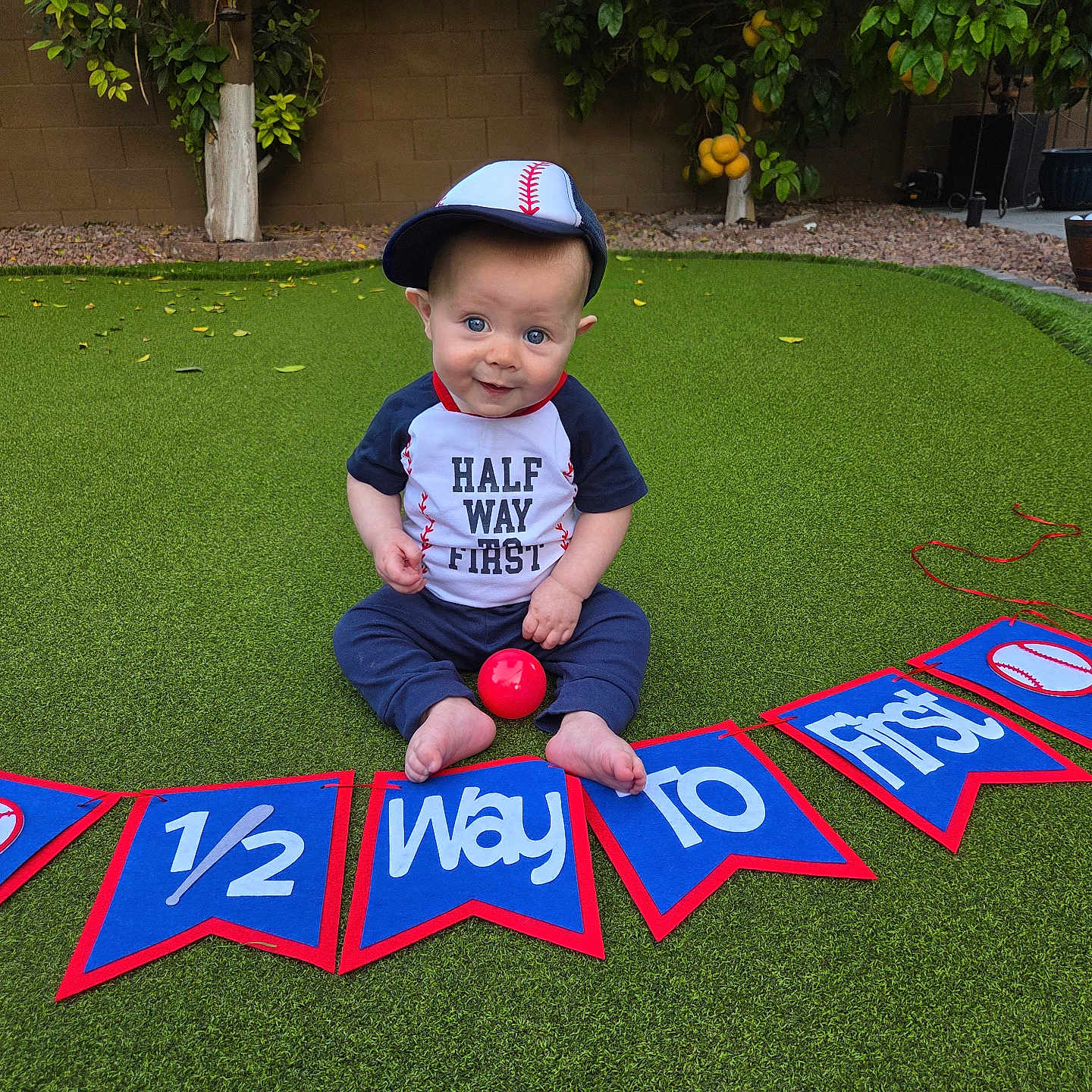 Everhett joined the competition — help win amazing prizes! baby, backyard, ball, banner, baseball, blue_clothing, cap, celebration, child, cute, grass, greenery, half_birthday, hat, milestone, outdoor, red_ball, sitting, smiling, toy