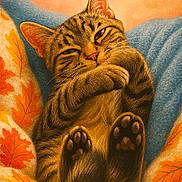 Willie joined the competition — help win amazing prizes! animal, autumn, blanket, blue, cat, closeup, cozy, cute, fur, indoor, leaves, orange, paws, pet, relaxed, resting, sleepy, tabby, warm, yellow