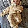 baby, baby_boy, bear_costume, blanket, child, clothing, cozy, cute, expression, face, fur, headwear, indoors, infant, lying_down, onesie, pacifier, person, sleepwear, soft_texture