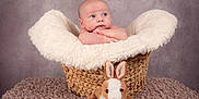 Aiden is registered to the contest to win money with this photo: baby, background, basket, blanket, bunny, child, cozy, cute, floor_covering, fur, indoor, infant, looking_away, plush_toy, portrait, resting, soft_texture, studio, stuffed_animal, woven