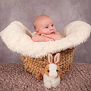 Aiden joined the competition — help win amazing prizes! baby, basket, plush_bunny, fluffy_blanket, studio, portrait, child, infant, soft_texture, cute, animal_toy, floor_rug, cozy, head, face, looking_away, background, sitting, indoors, warm