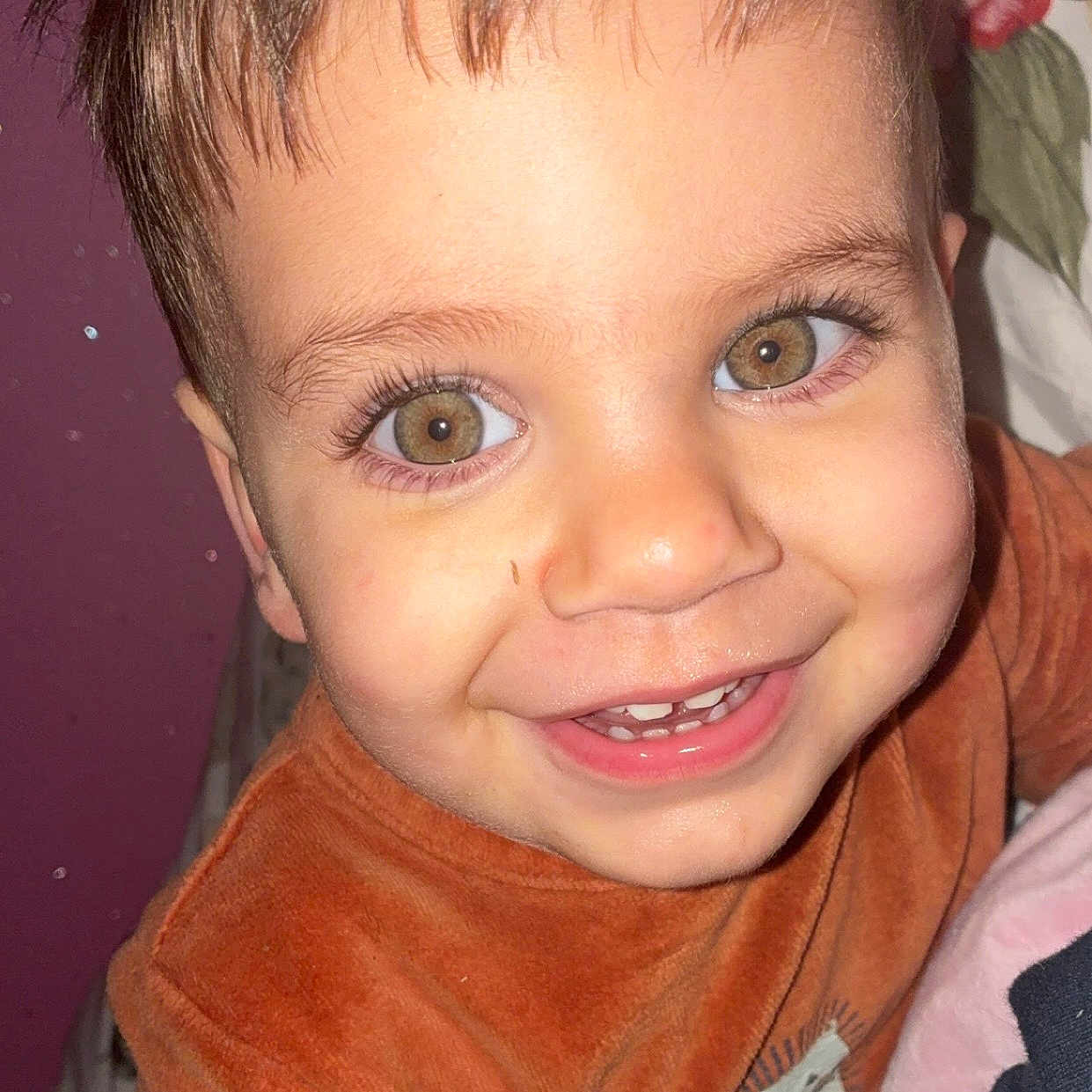 Naël a rejoint le concours — aidez-le/la à gagner de superbes lots ! child, toddler, smiling, face, eyes, baby_teeth, sweater, orange_clothing, portrait, indoor, happy, cute, closeup, head, person, young_child, background_flower, skin, hair, expression