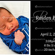 Raiden joined the competition — help win amazing prizes! newborn, baby, sleeping, infant, blue_clothing, portrait, closeup, white_blanket, peaceful, resting, announcement, text_overlay, birth_details, child, cute, small_hands, head, face, indoors, soft_lighting