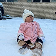 Addisynn joined the competition — help win amazing prizes! baby, child, snow, winter, pink_coat, white_hat, boots, gloves, outdoor, brick_house, windows, cold_weather, sitting, curious, footprints, frost, clothing, cute, seasonal, daytime