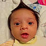 Aaron participe au concours pour gagner de l'argent avec cette photo : baby, infant, face, wide_eyes, open_mouth, mohawk, hair, onesie, clothing, blanket, pillow, bed, lying_down, portrait, close_up, indoors, skin, adorable, surprised, newborn