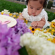 Laylah joined the competition — help win amazing prizes! baby, child, girl, white_dress, lace, flowers, yellow_flowers, purple_flowers, green_grass, mirror, reflection, bracelet, outdoor, curly_hair, pigtails, cute, portrait, nature, garden, summer