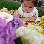 baby, child, girl, white_dress, lace, flowers, yellow_flowers, purple_flowers, green_grass, mirror, reflection, bracelet, outdoor, curly_hair, pigtails, cute, portrait, nature, garden, summer
