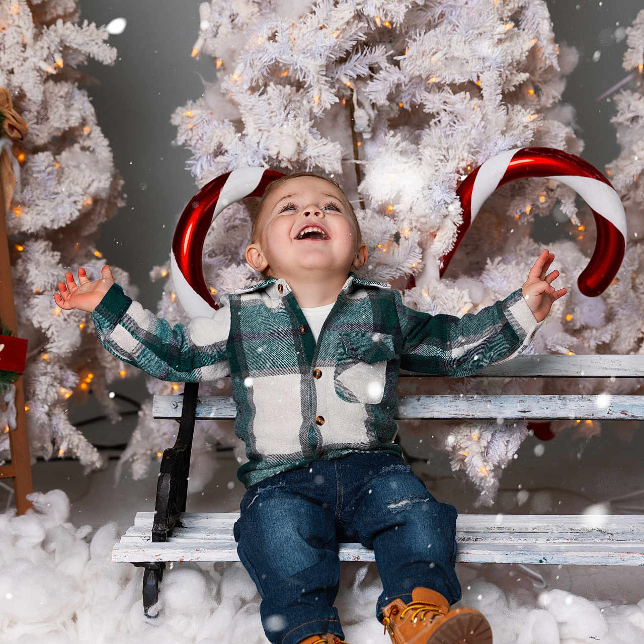 Kameron is registered to the contest to win money with this photo: bench, boots, child, christmas_tree, cute, decoration, festive, holiday, indoor, jeans, joy, lights, plaid_shirt, playful, seasonal, smile, snow, toddler, white, winter