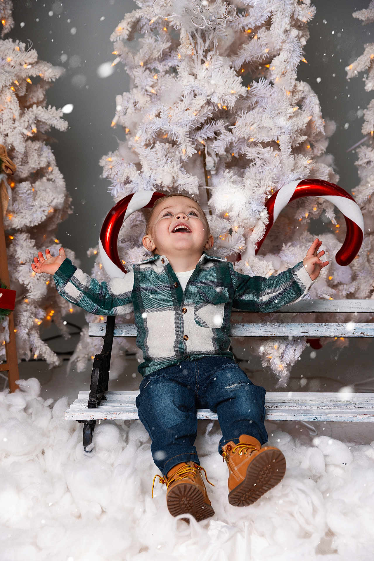 Kameron is registered to the contest to win money with this photo: toddler, child, bench, winter, snow, christmas_tree, holiday, festive, joy, smile, plaid_shirt, jeans, boots, indoor, decoration, lights, white, playful, seasonal, cute